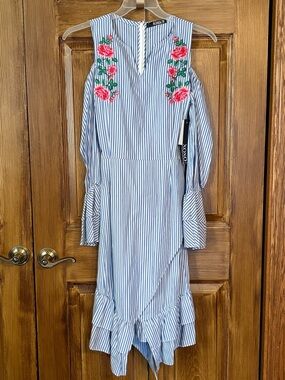XOXO Blue/ White Striped Cold-Shoulder Dress w/Pink Rose Embroidery 100% Cotton